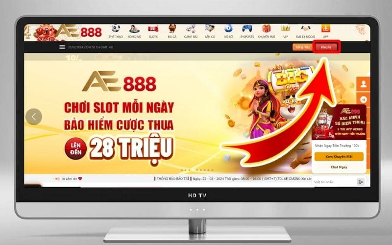 Truy cập vào trang chủ và bấm chọn nút đăng ký AE888